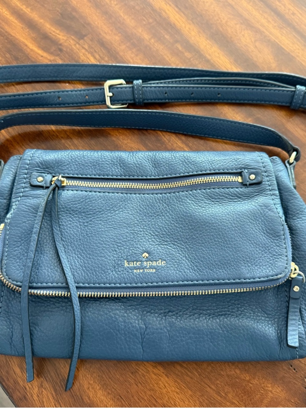 kate spade Blue Pebbled Leather Crossbody Bag with Gold Hardware